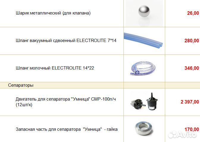 Запчасти на сепаратор и доильный аппарат