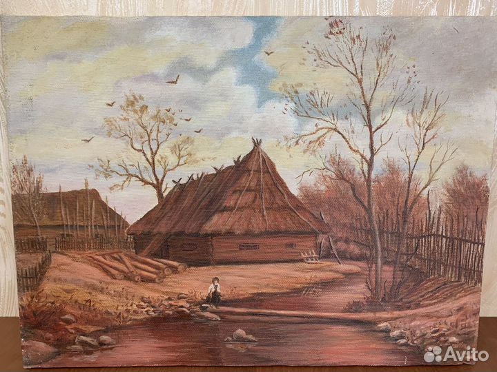 Картина Маслом на Холсте. Деревенский Пейзаж