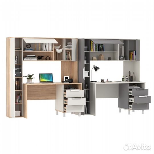 Два стола компьютерных с тумбой три ящика Mobi Комфорт 12.95N сонома/белый/серый шифер