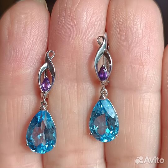 Мюз Золотые серьги-подвески топазы, аметисты