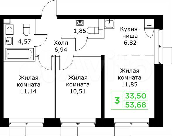 3-к. квартира, 53,7 м², 6/25 эт.