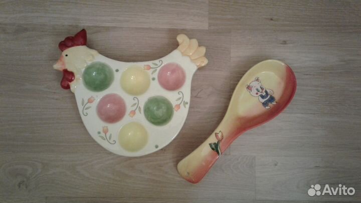 Пасхальная тарелка для яиц и ложки керамические