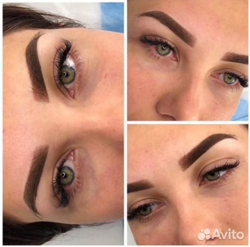 Пудровое напыление, растушевка бровей, глаза и губ