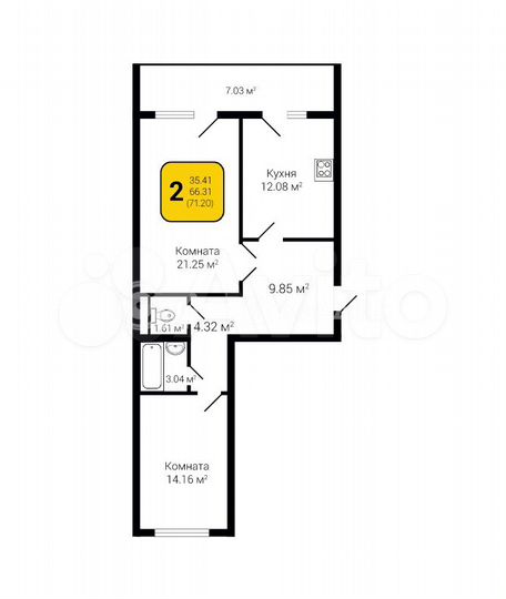 2-к. квартира, 71,2 м², 11/16 эт.