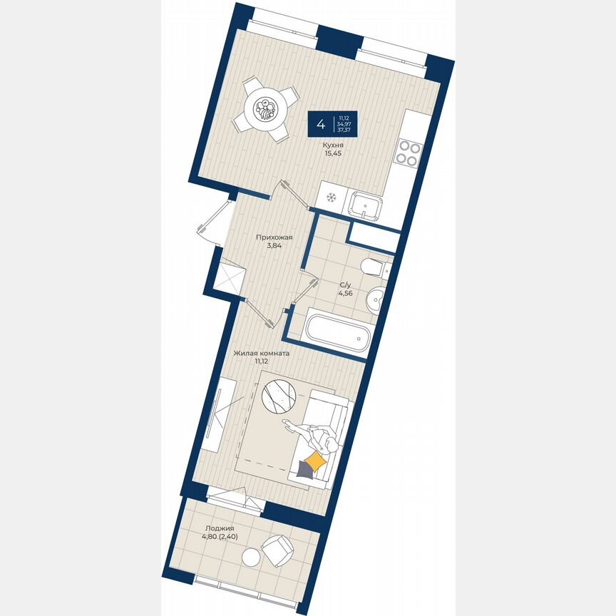 1-к. квартира, 37,4 м², 2/12 эт.