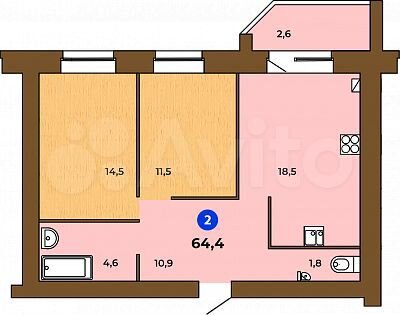 2-к. квартира, 64,4 м², 5/9 эт.