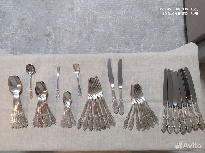 Ложки вилки ножи посеребренные Роза Кольчугино44пр