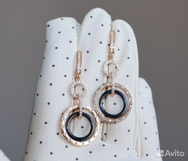 Серьги из мед золота с фианитами и керамикой