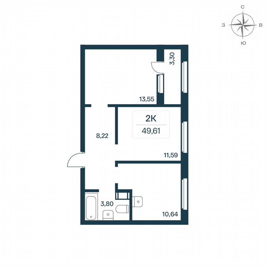 2-к. квартира, 49,2 м², 9/10 эт.