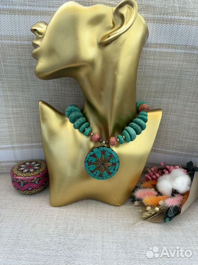 Массивное колье ожерелье бирюза латунь мозаика