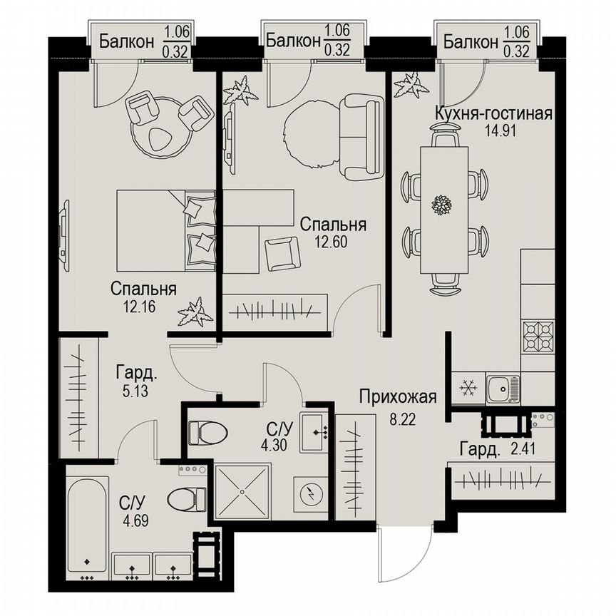 2-к. квартира, 65,4 м², 3/6 эт.