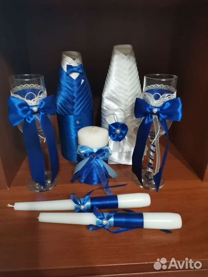 Свадебные бокалы, украшения на шампанское, свечи