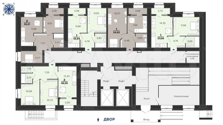 2-к. квартира, 48,6 м², 1/16 эт.