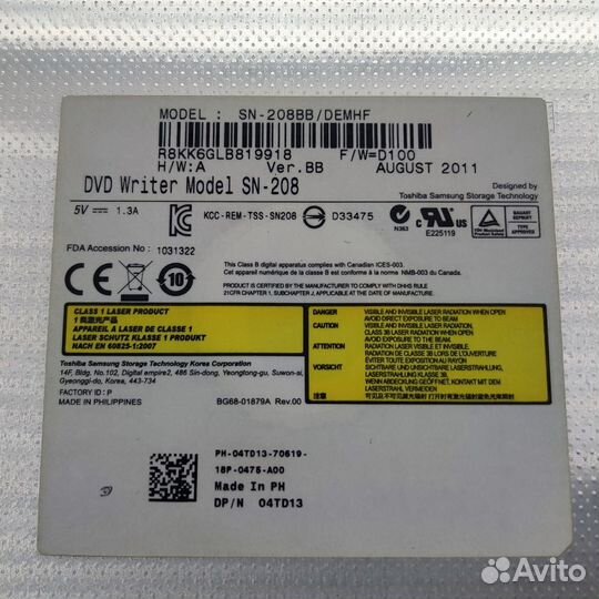 Привод DVD-RW тонкий SN-208FB, Samsung, SATA