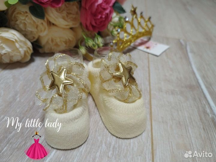 Комплект пинетки и повязка корона новые