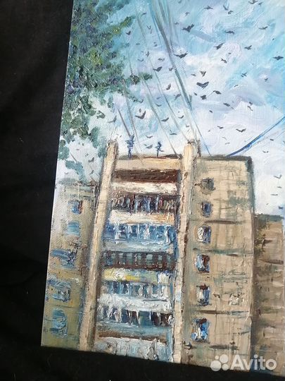 Картина маслом городской пейзаж панельный дом