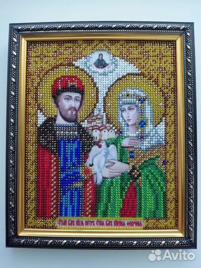 Икона Петра и Февронии вышитая бисером