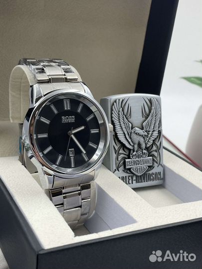 Мужской подарочный набор с часами boss + зажигалка