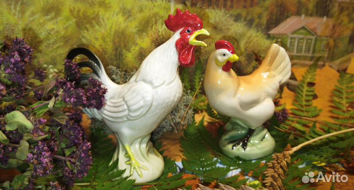 Петушок и курочка, петушок с гармошкой статуэтки