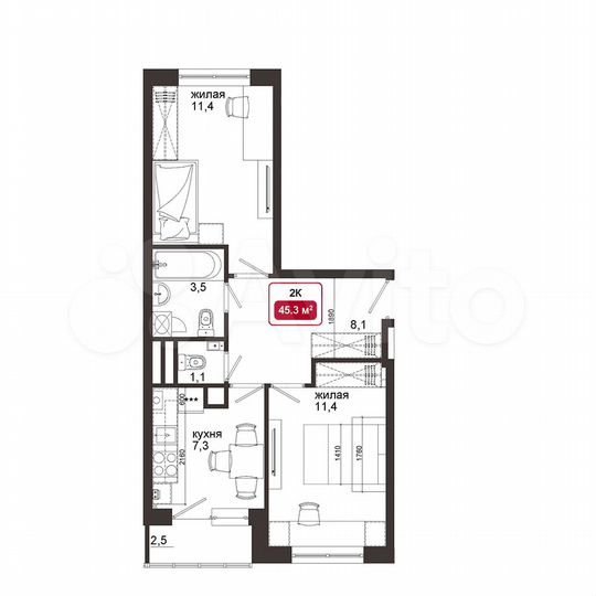 2-к. квартира, 45 м², 1/4 эт.