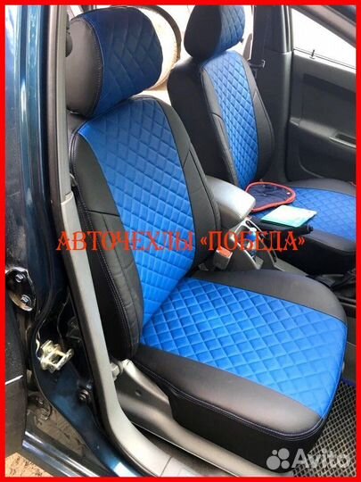 Чехлы Chevrolet Cruze из экокожи чёрно-синие Ромб