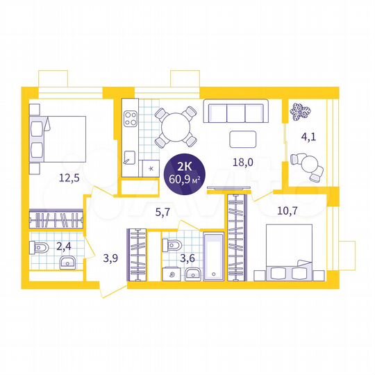 2-к. квартира, 60,9 м², 5/18 эт.