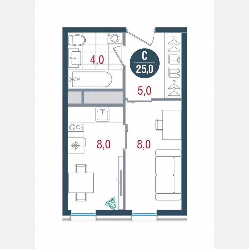Квартира-студия, 25 м², 22/26 эт.