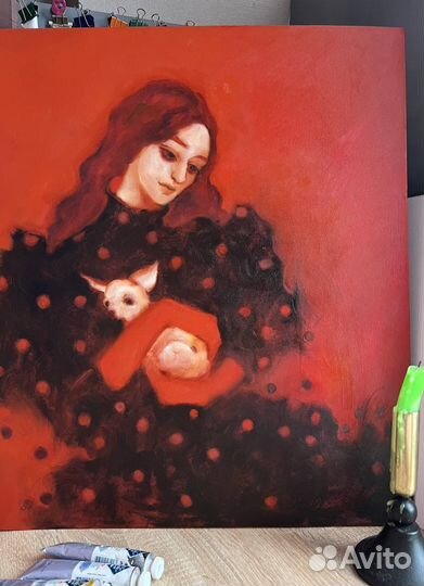 Картина маслом девушка и собакой терьер винтаж