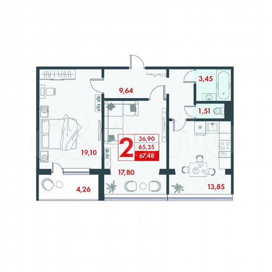 2-к. квартира, 67,5 м², 6/10 эт.