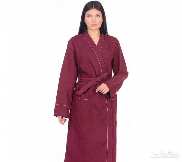 Халат вафельный Home One с кантом бордо 58