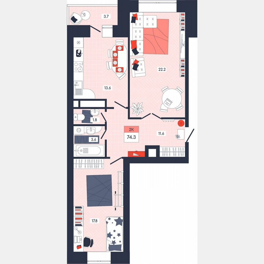 2-к. квартира, 74,3 м², 3/9 эт.