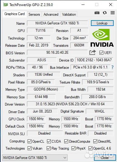 Видеокарта asus ROG GTX 1660 Ti 6gb Strix