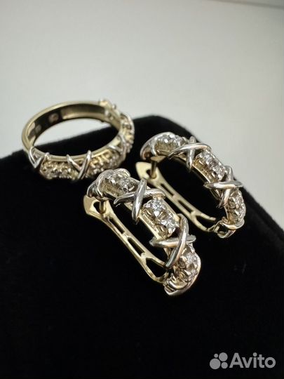 Золотые серьги и кольцо с бриллиантами Tiffany