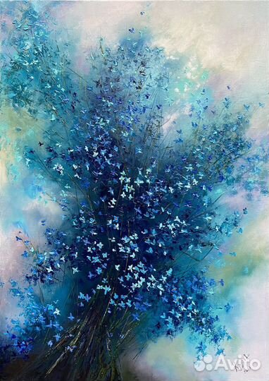 Картина маслом Абстракция Незабудки 70х50 см