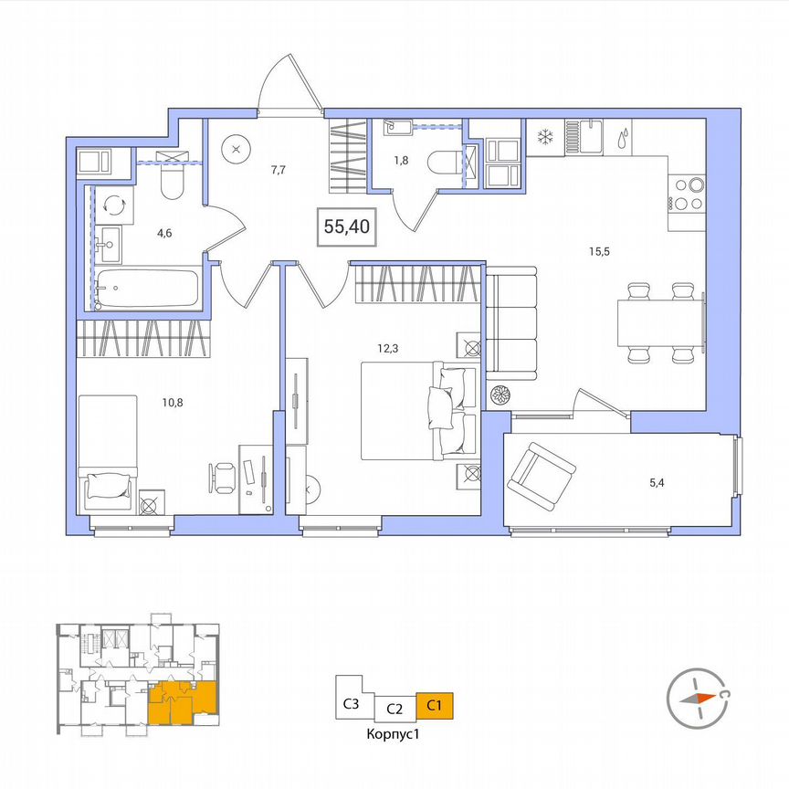 2-к. квартира, 55,4 м², 7/12 эт.