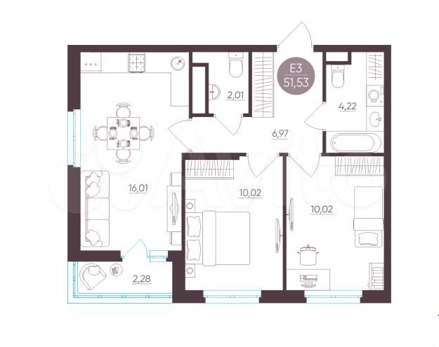 2-к. квартира, 51,5 м², 2/10 эт.