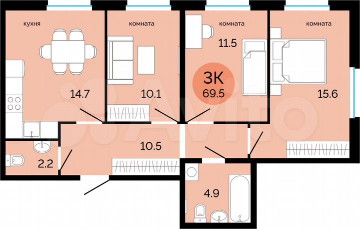 3-к. квартира, 69,5 м², 2/17 эт.