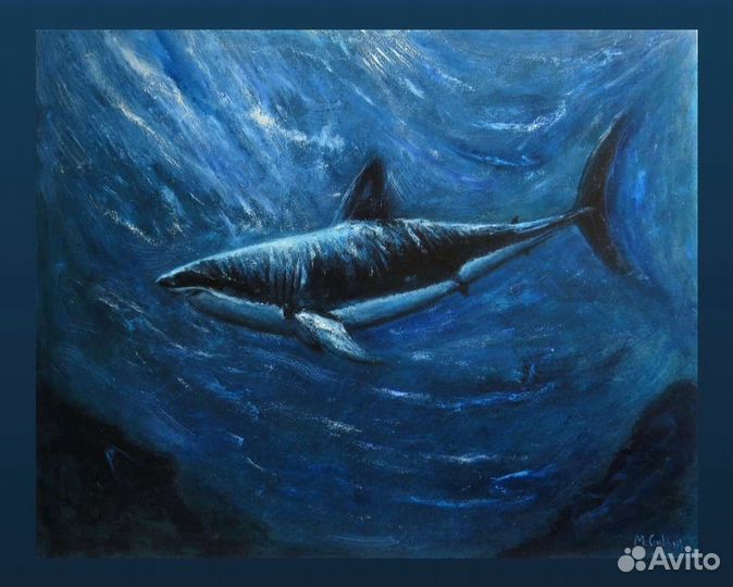Акула большая интерьерная картина маслом синий