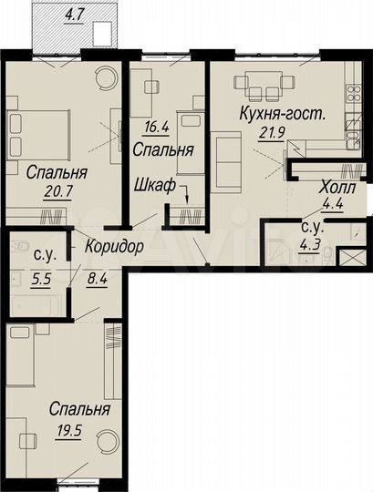 3-к. квартира, 105 м², 6/8 эт.