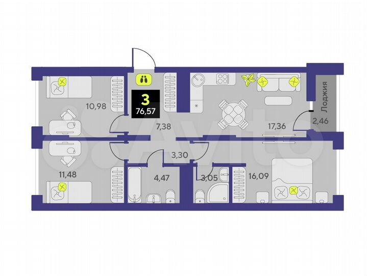 3-к. квартира, 76,6 м², 6/13 эт.