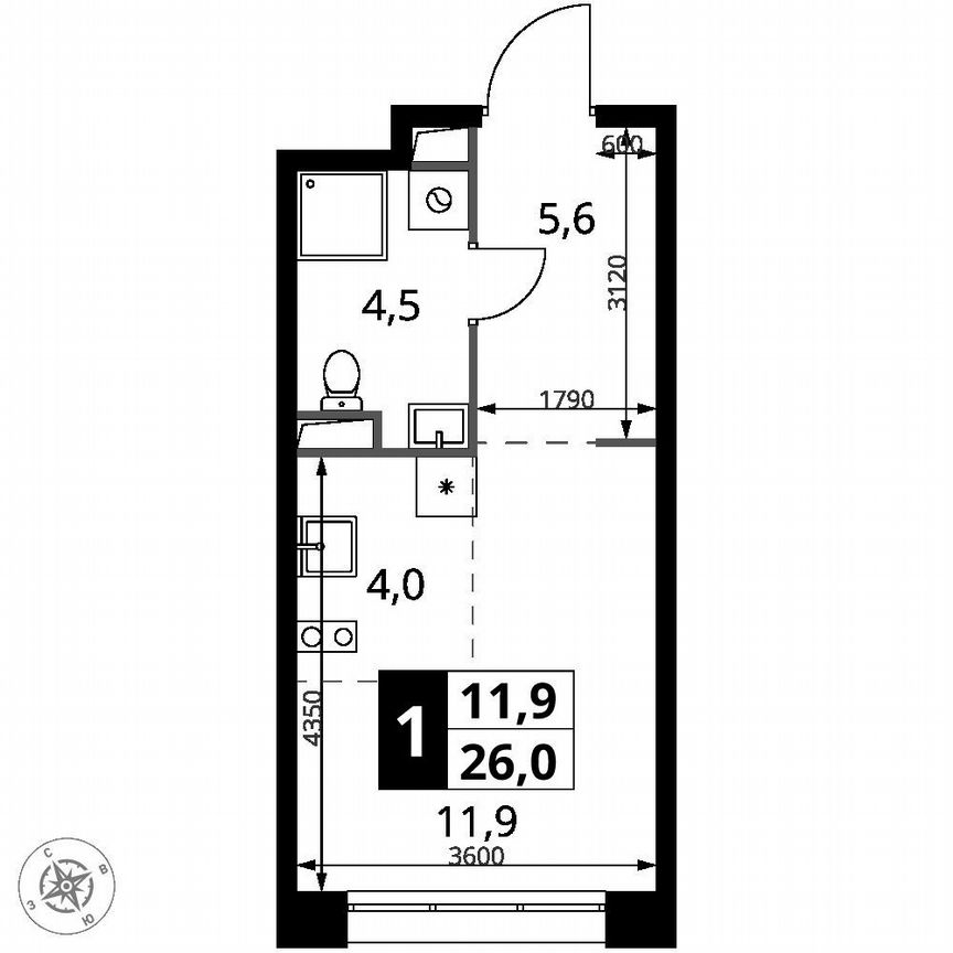 Квартира-студия, 26 м², 2/21 эт.