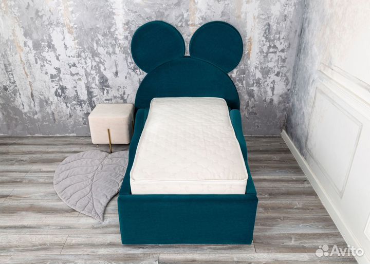 Кровать детская 80х160 Микки морская волна велюр
