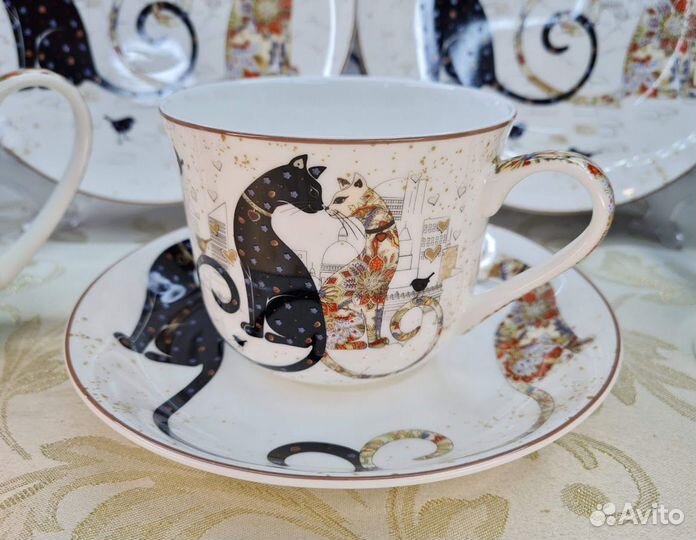 Кружки, чайные пары Парижские коты Костяной фарфор