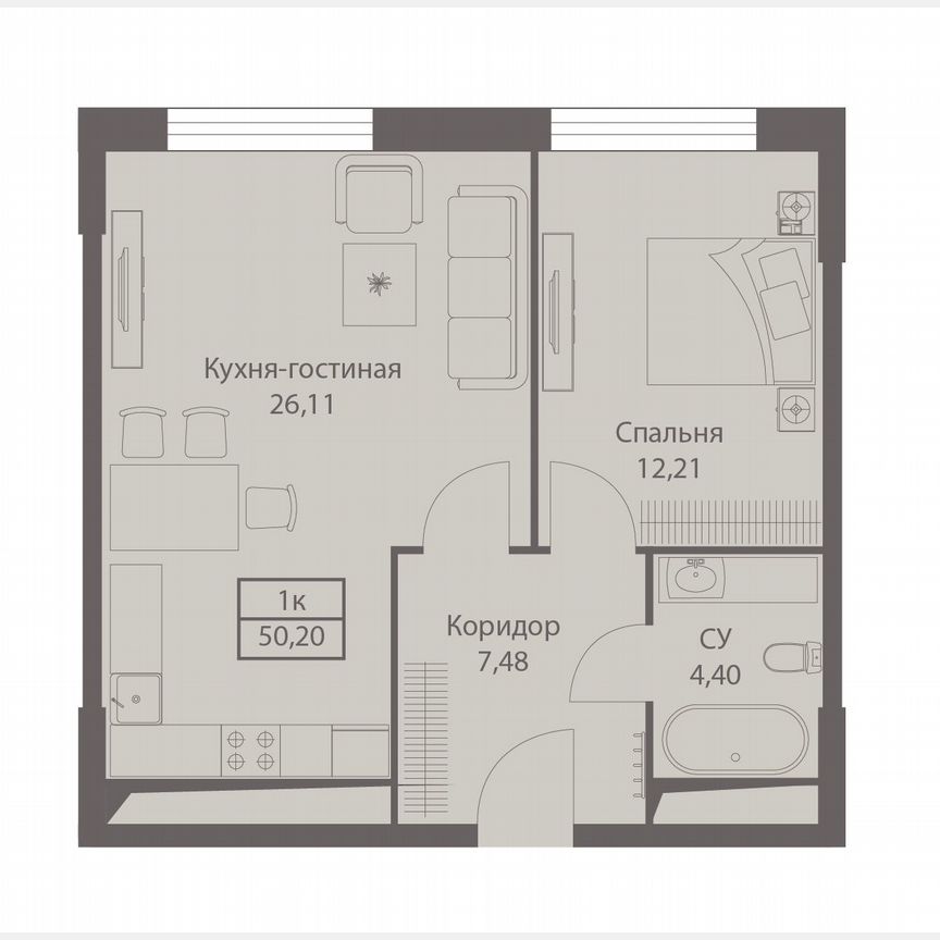 1-к. апартаменты, 50,2 м², 8/20 эт.