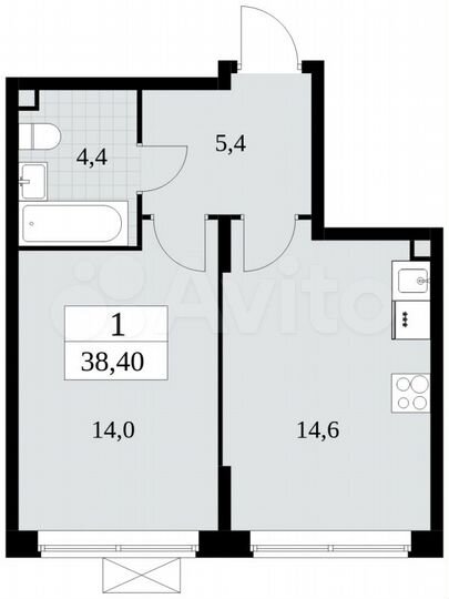 1-к. квартира, 38,4 м², 2/15 эт.