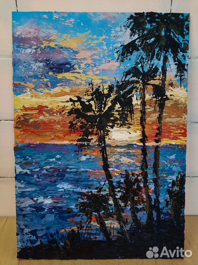Картина морской пейзаж закат Этюд с пальмами