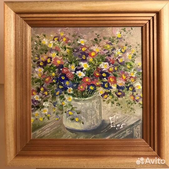 Картина маслом: Букет полевых цветов. Мини картина