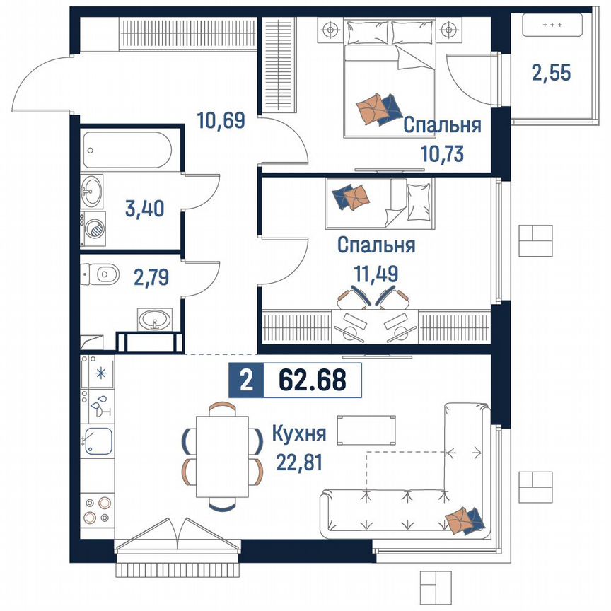 2-к. квартира, 62,7 м², 14/18 эт.