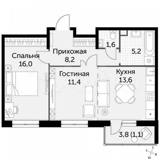 2-к. квартира, 57,1 м², 6/16 эт.