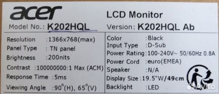 Монитор Acer K202HQL Ab